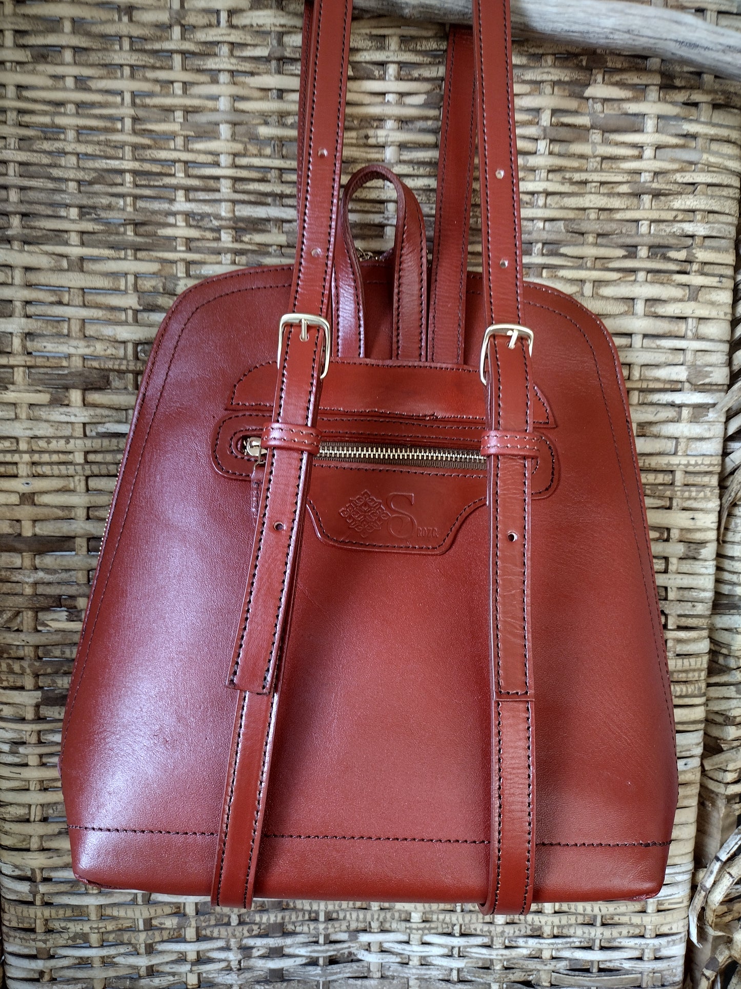 Hand tolled leather backpack sugar skull Italian/antique