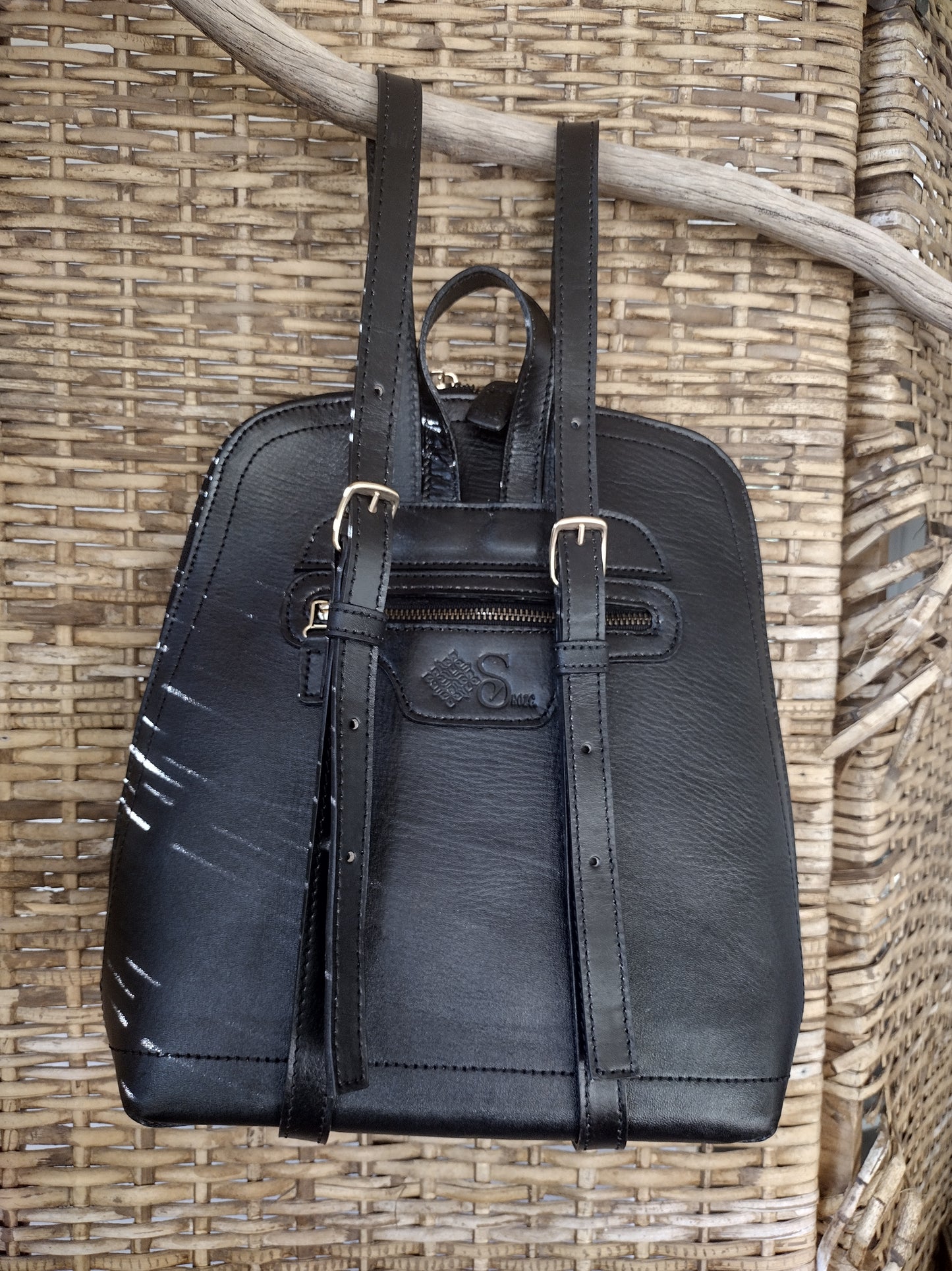 Hand tolled leather backpack sugar skull Black