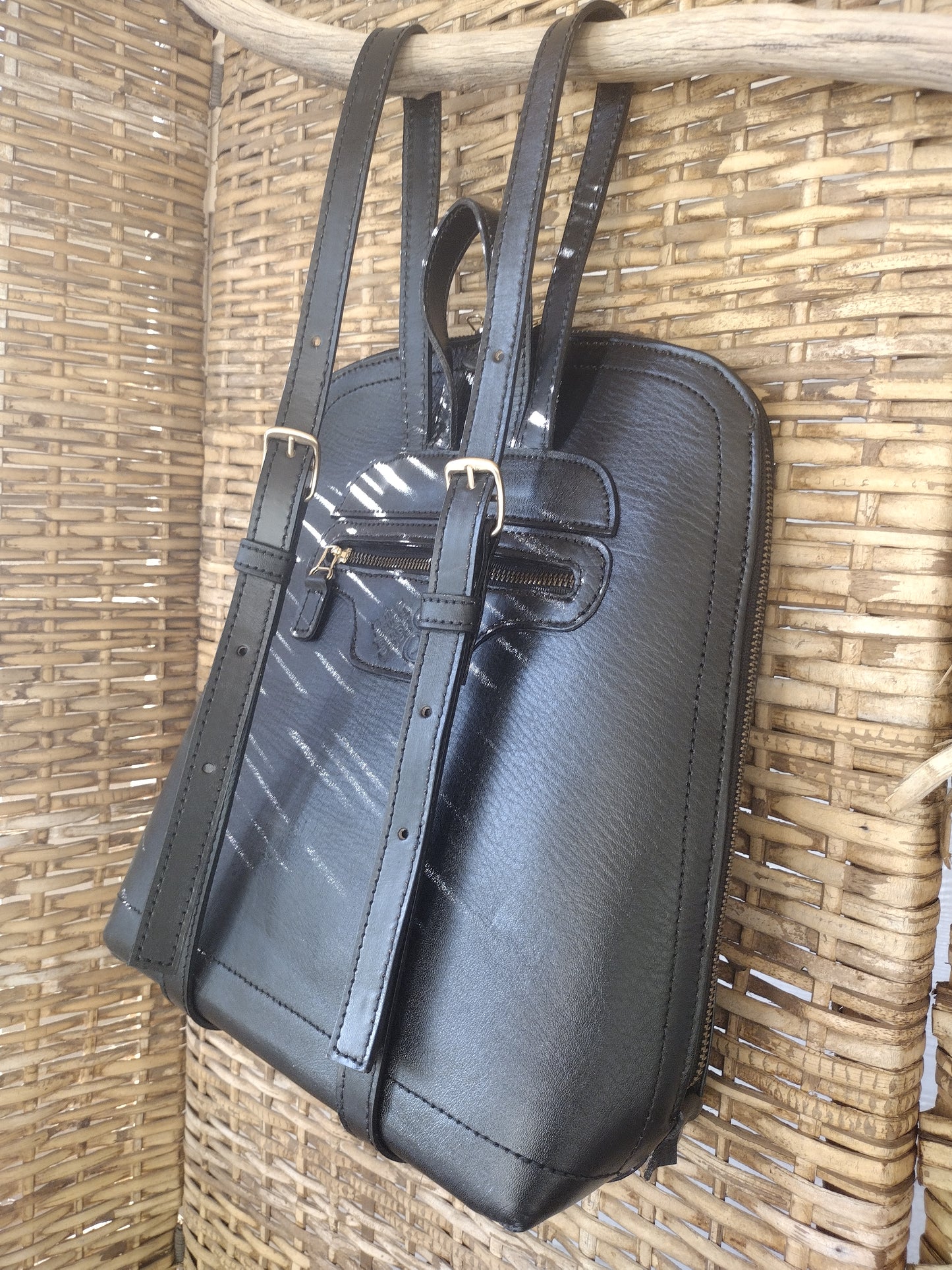 Hand tolled leather backpack sugar skull Black
