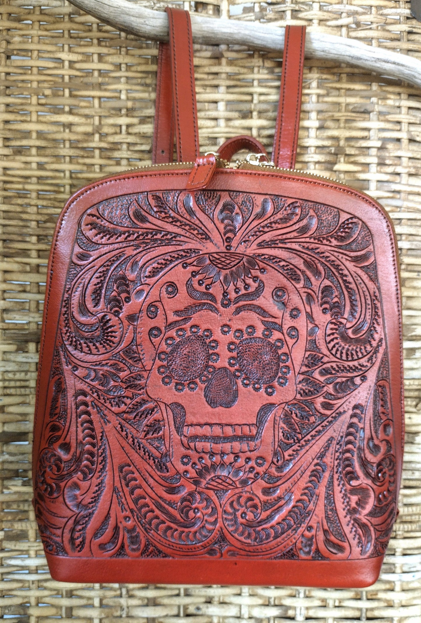 Hand tolled leather backpack sugar skull Italian/antique