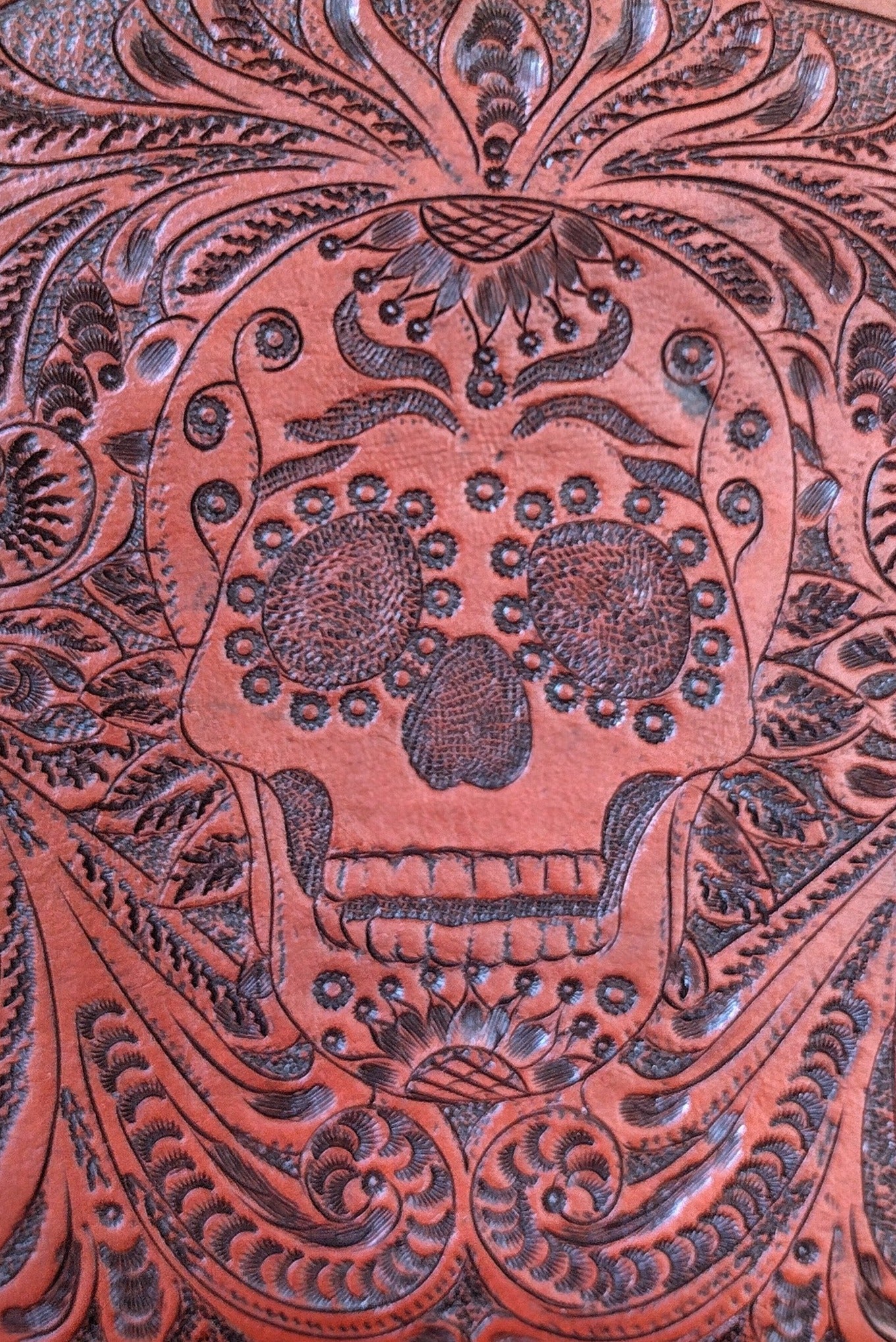 Hand tolled leather backpack sugar skull Italian/antique
