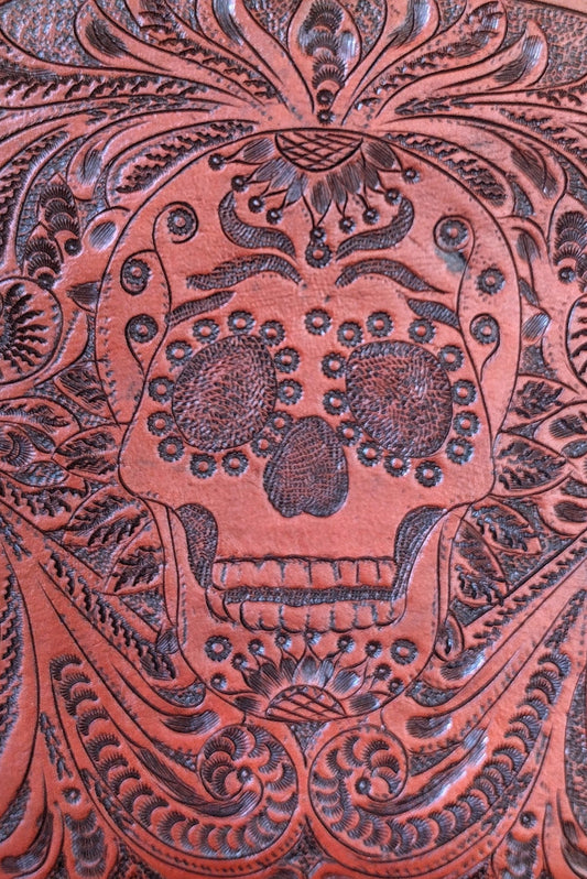 Hand tolled leather backpack sugar skull Italian/antique
