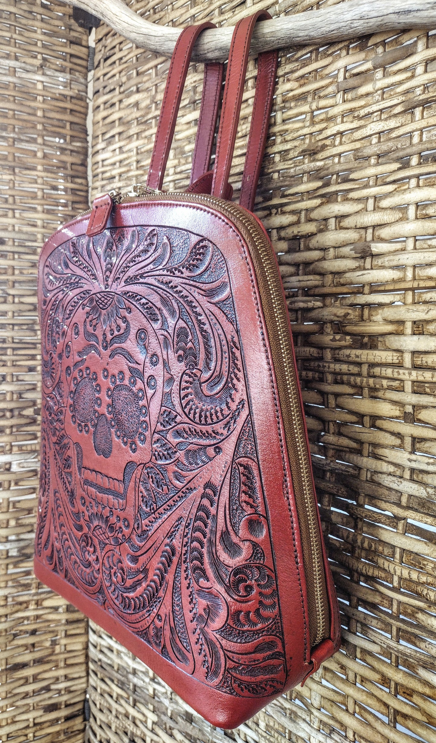 Hand tolled leather backpack sugar skull Italian/antique