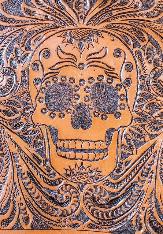 Hand tolled leather backpack sugar skull Natural/antique