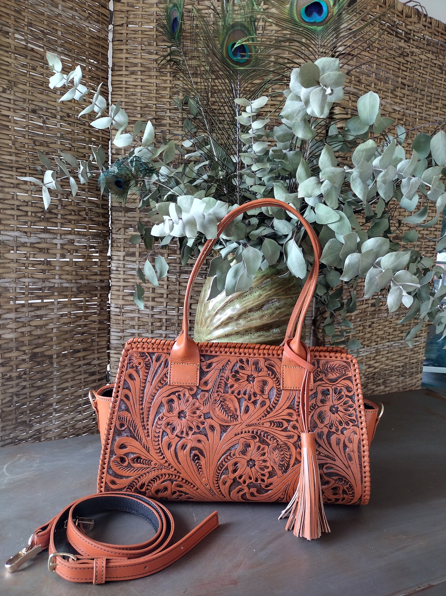 Floral shoulder purse leather natural/antique with shoulder strap.