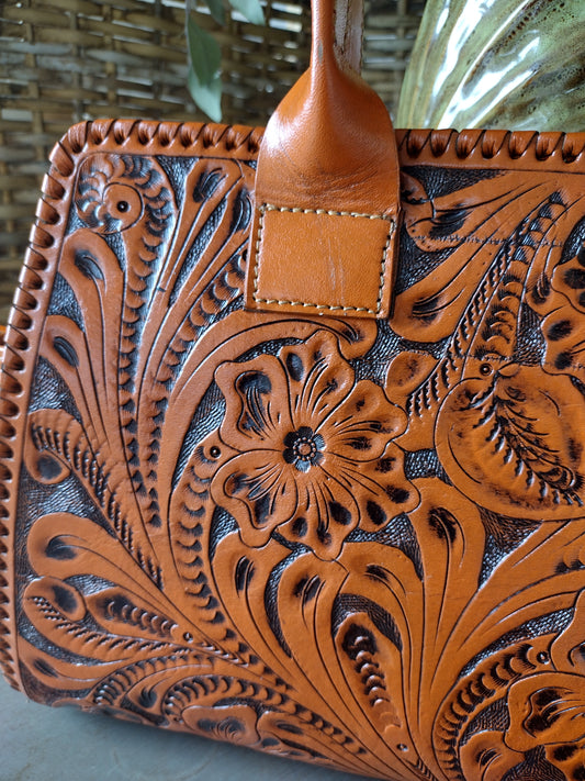 Floral shoulder purse leather natural/antique with shoulder strap.