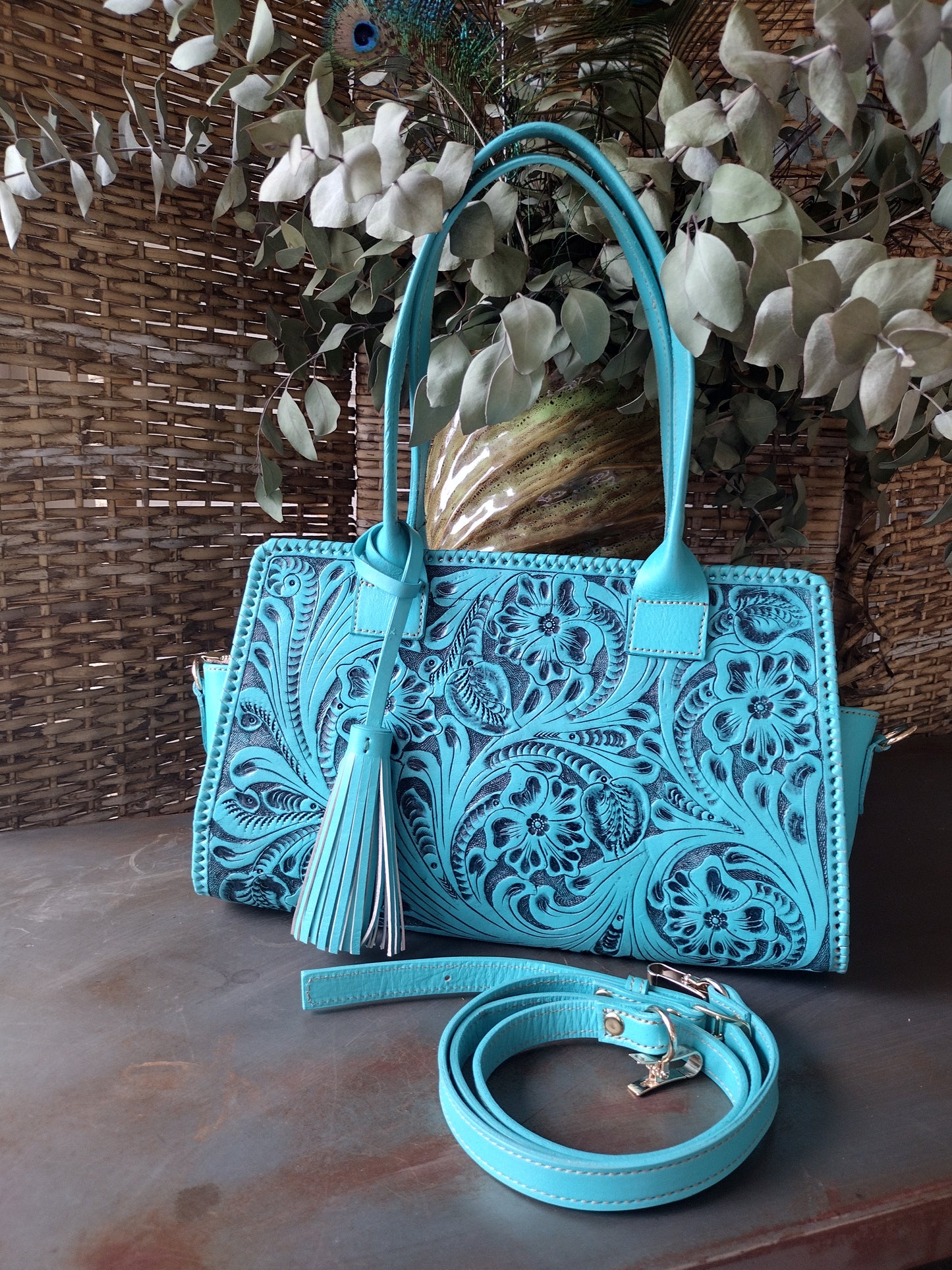 Floral shoulder purse leather turquoise blue/antique with shoulder strap.
