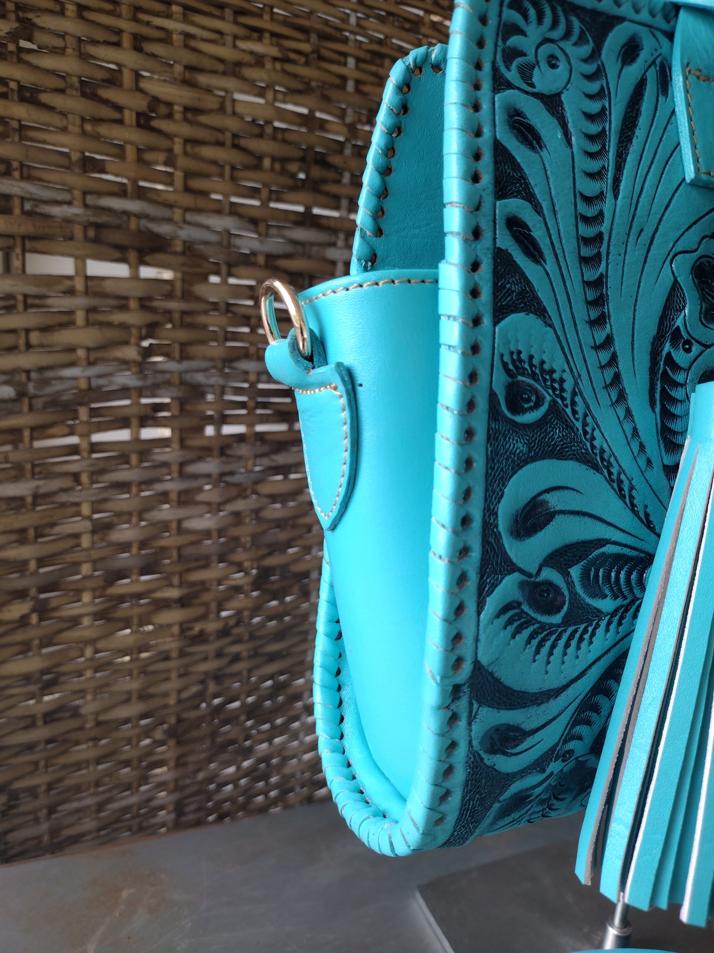 Floral shoulder purse leather turquoise blue/antique with shoulder strap.