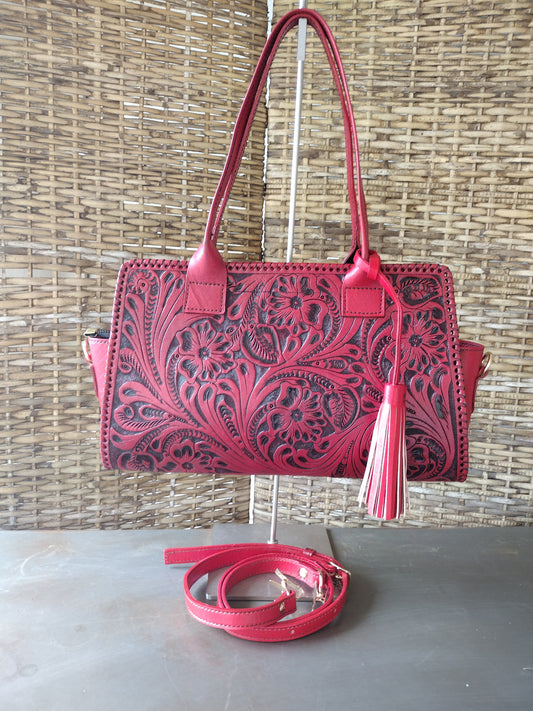 Floral shoulder purse leather turquoise Burn red/antique with shoulder strap.