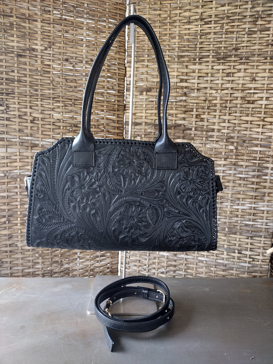 Floral shoulder purse leather Black with shoulder strap.