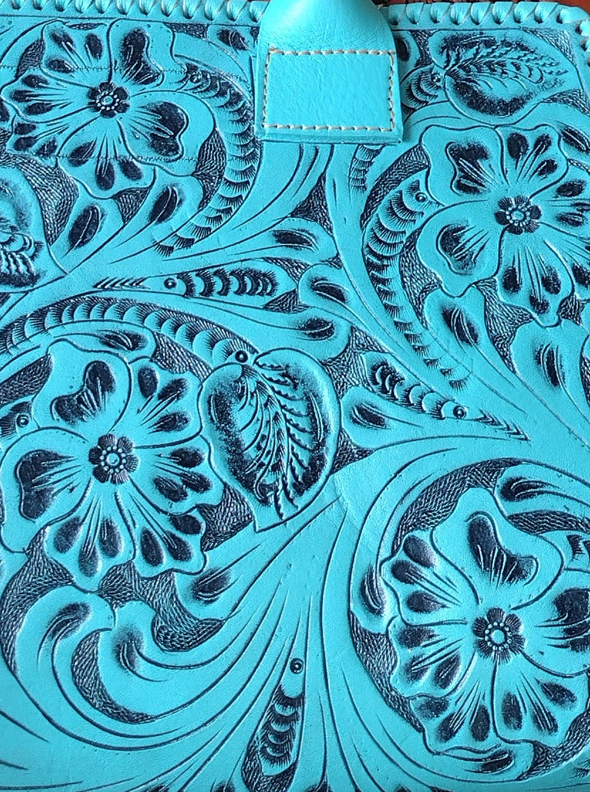 Floral shoulder purse leather turquoise blue/antique with shoulder strap.