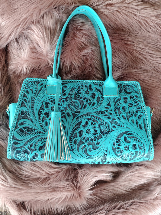 Floral shoulder purse leather turquoise blue/antique with shoulder strap.