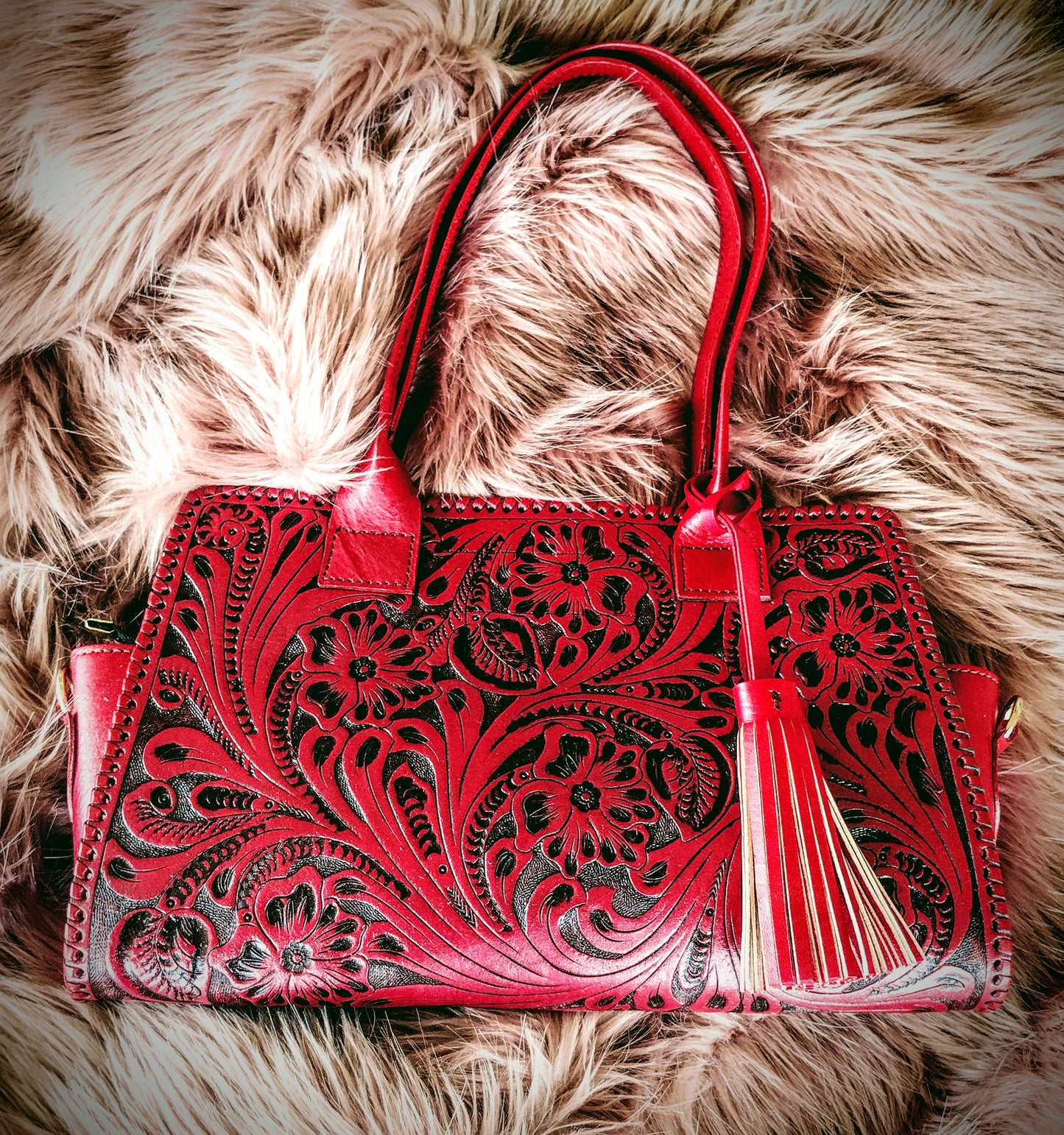 Floral shoulder purse leather turquoise Burn red/antique with shoulder strap.