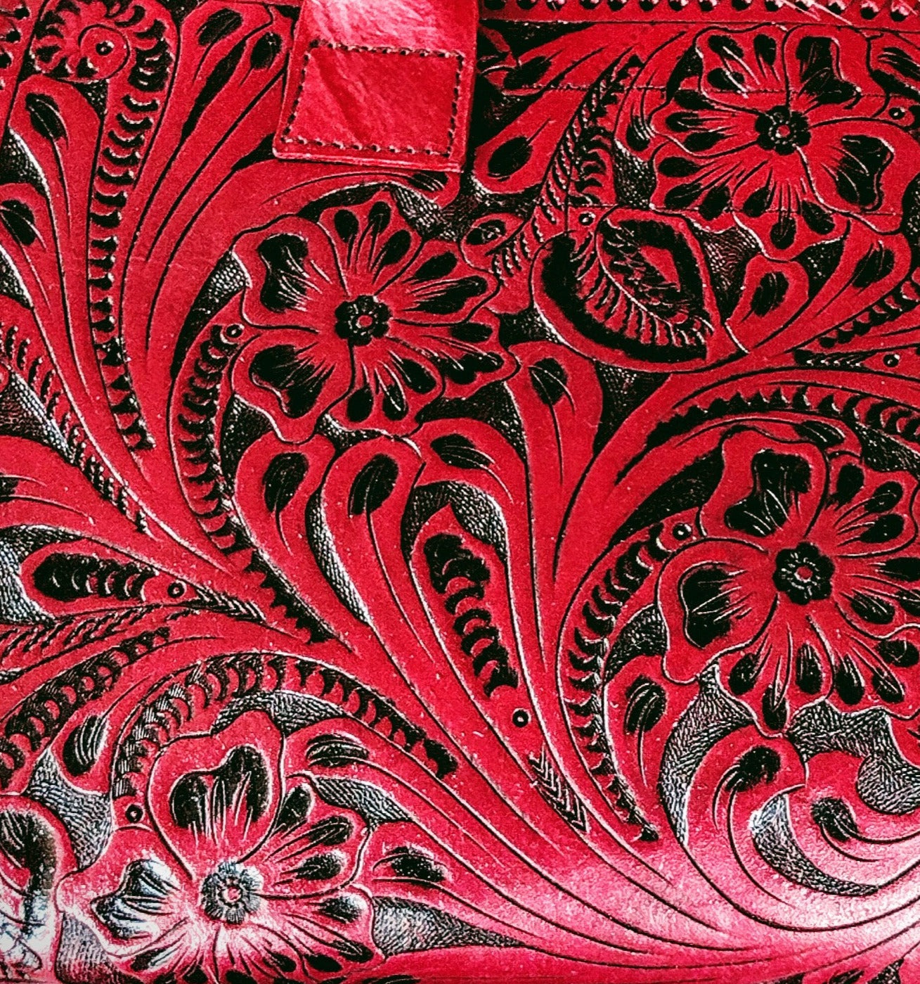 Floral shoulder purse leather turquoise Burn red/antique with shoulder strap.