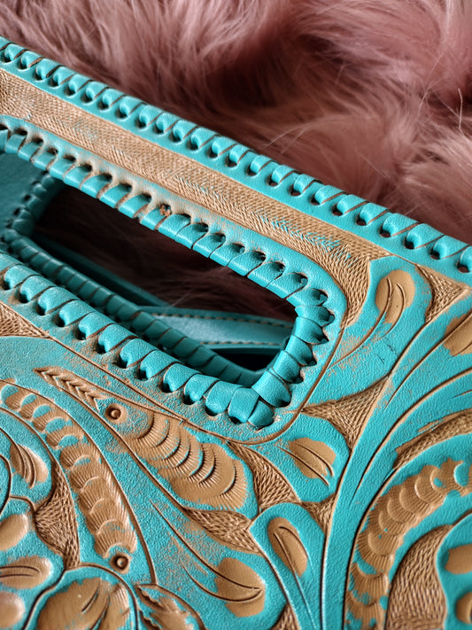 Vaquera Floral leather clutch purse babyblue/wash with shoulder strap.