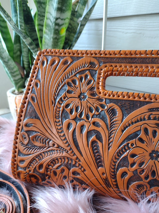 Vaquera Floral leather clutch purse natural/antique with shoulder strap.