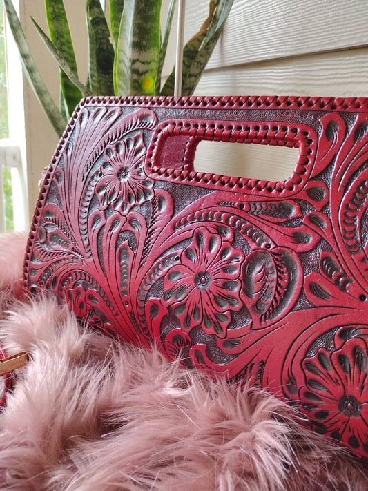 Vaquera Floral leather clutch purse Burn red/Antique with shoulder strap.