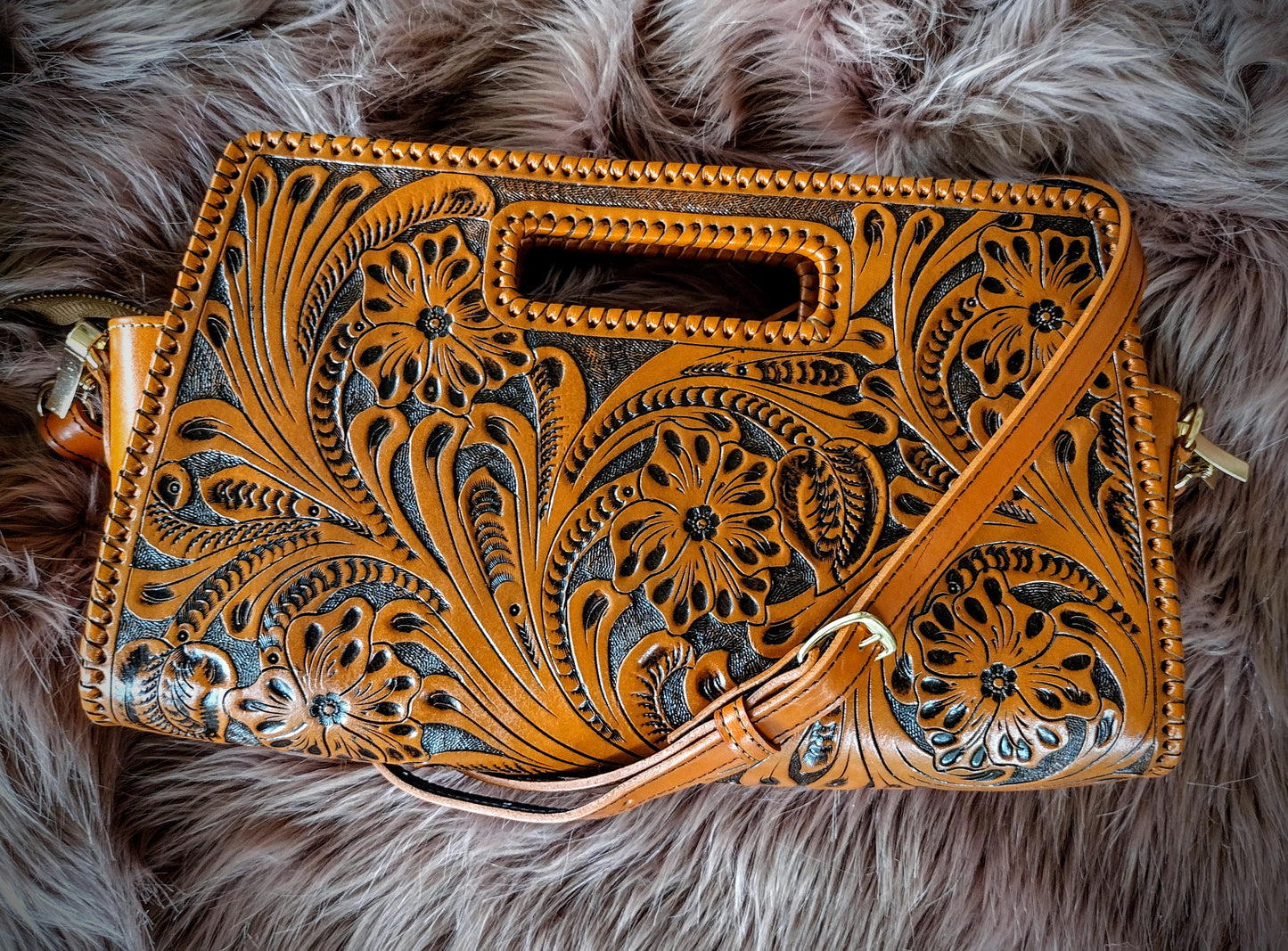 Vaquera Floral leather clutch purse natural/antique with shoulder strap.
