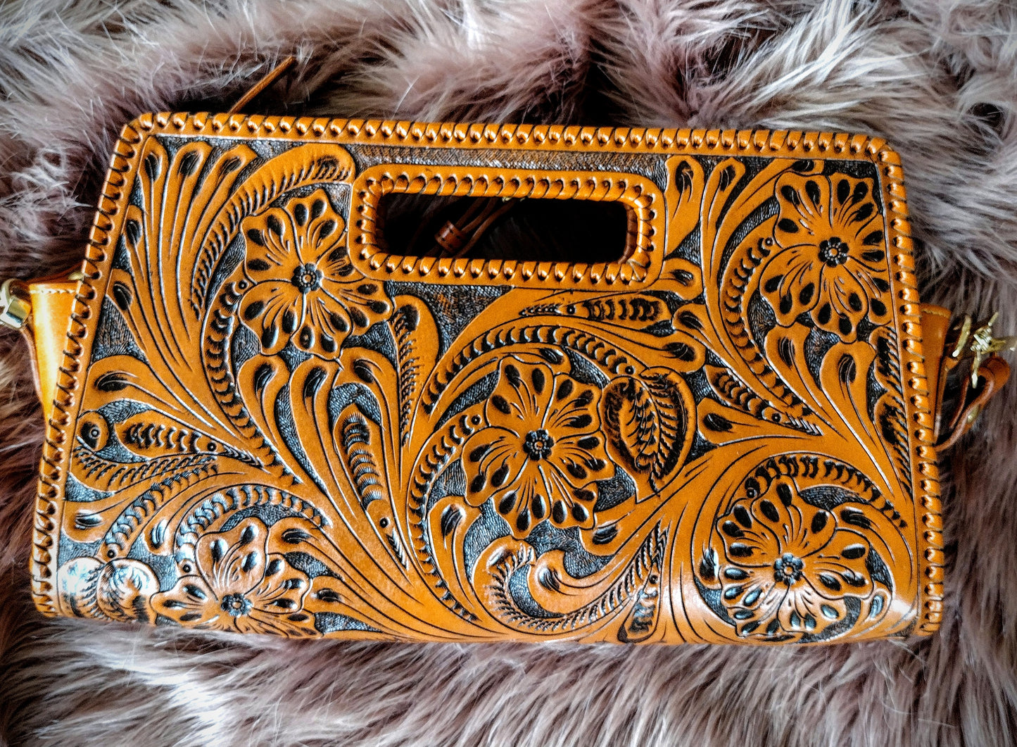Vaquera Floral leather clutch purse natural/antique with shoulder strap.