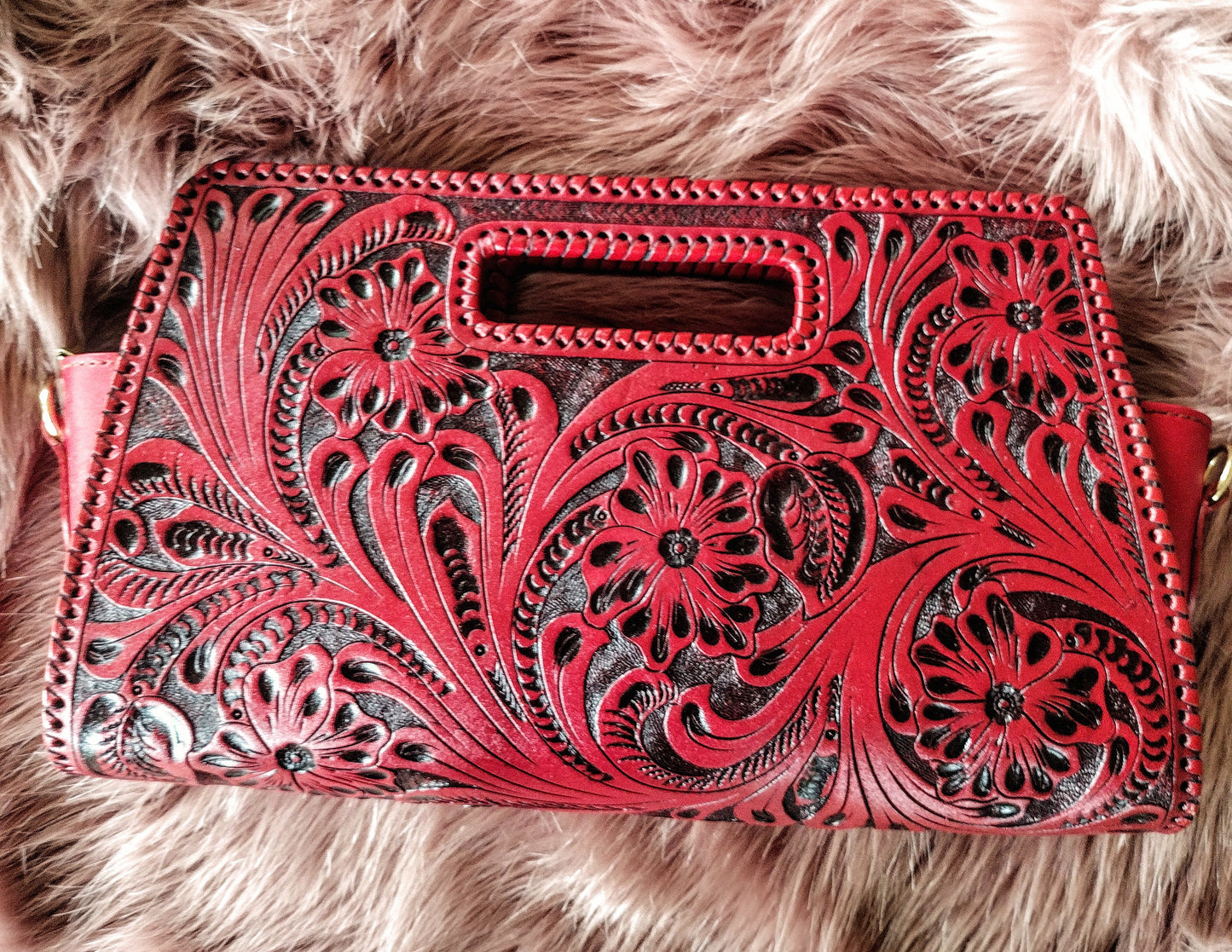 Vaquera Floral leather clutch purse Burn red/Antique with shoulder strap.