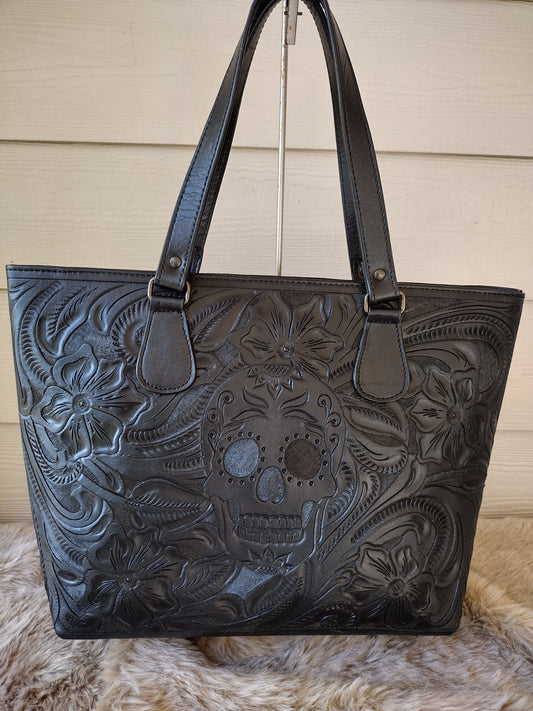 Casandra floral and skult hand-tooled tote tote bag black