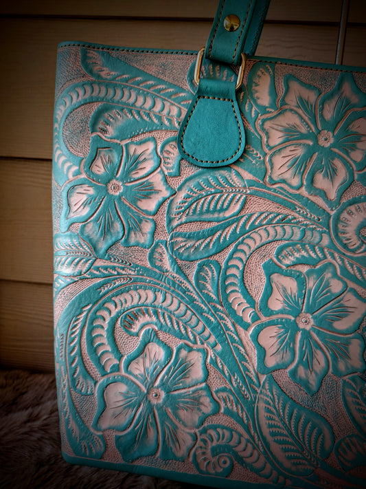 Casandra floral, hand-tooled tote bag Baby Blue/Wash