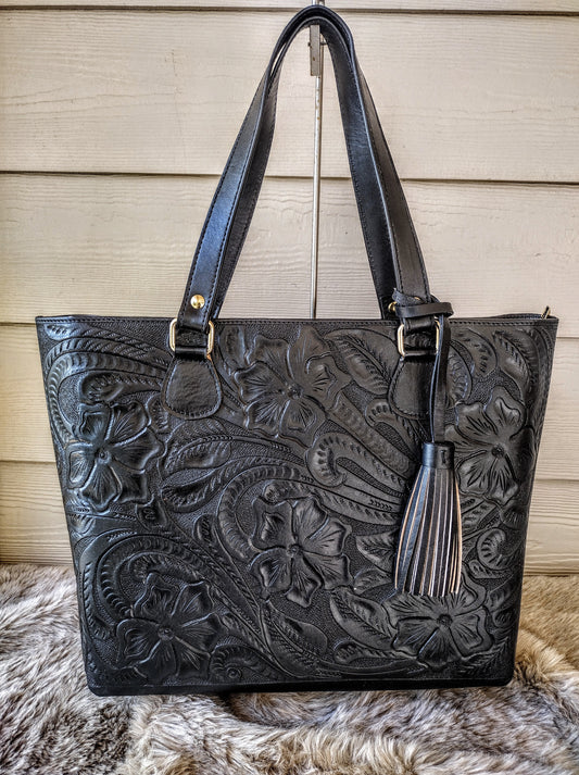 Casandra floral, hand-tooled tote bag black