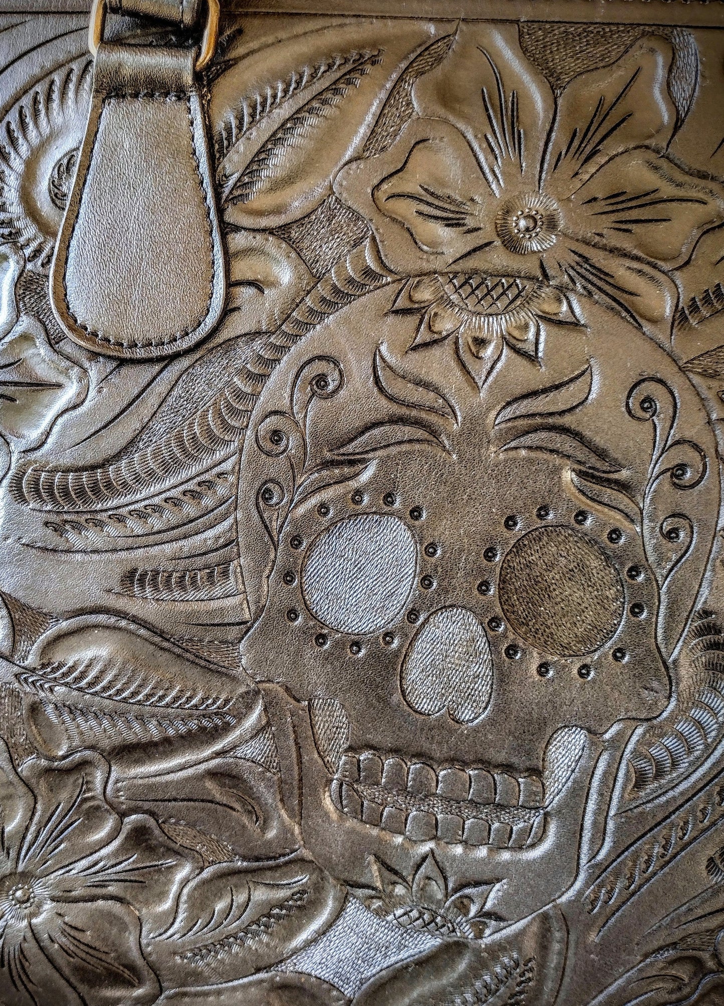 Casandra floral and skult hand-tooled tote tote bag black