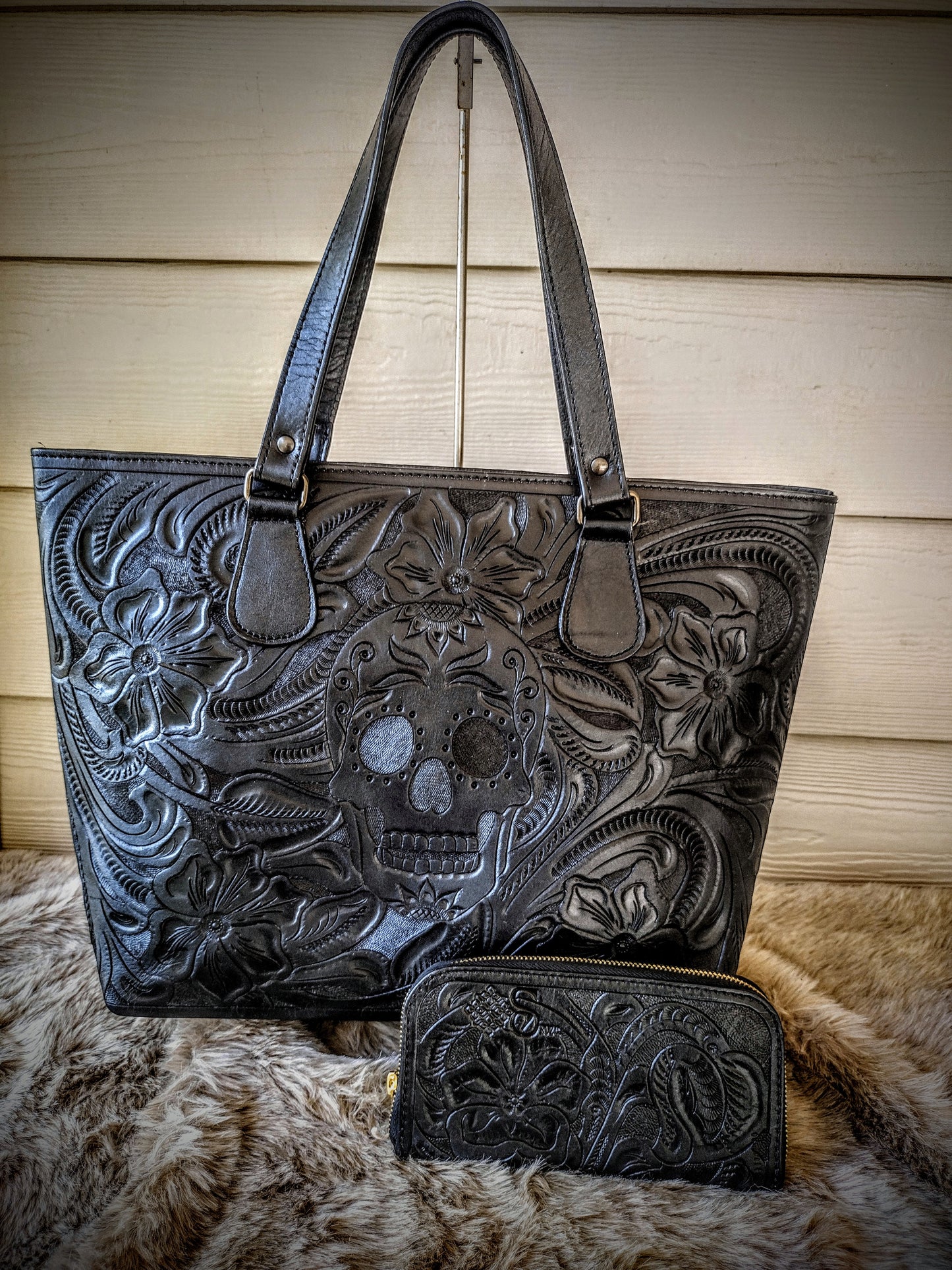 Casandra floral and skult hand-tooled tote tote bag black