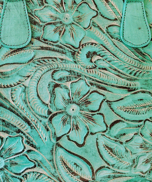 Casandra floral, hand-tooled tote bag Turquesa