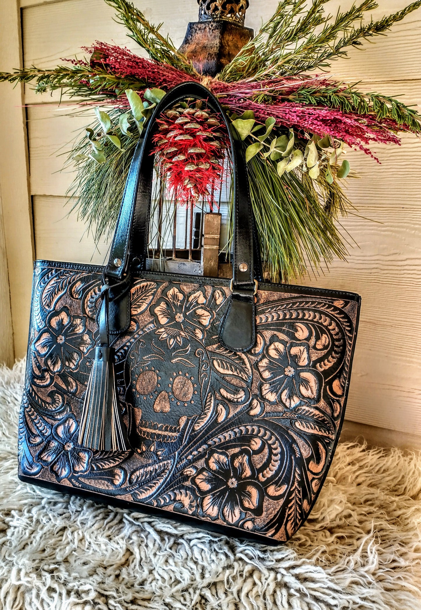 Casandra floral and skull hand-tooled tote bag black/brown