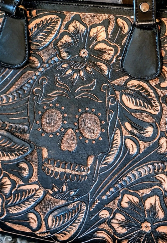 Casandra floral and skull hand-tooled tote bag black/brown