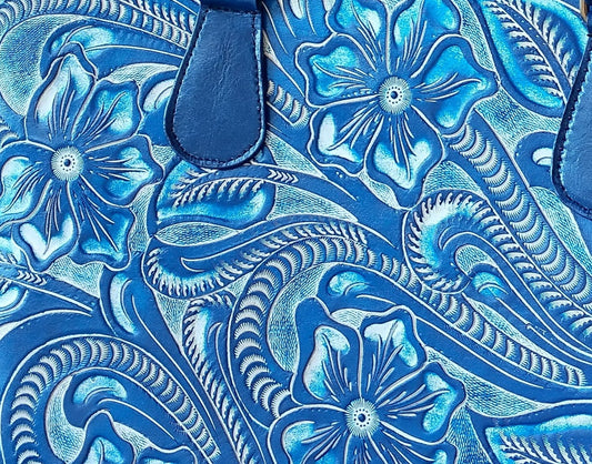 Casandra floral, hand-tooled tote bag Blue/Wash