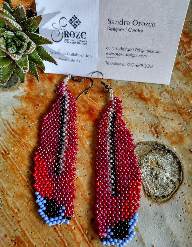 Realistic feathers red and blue beaded earrings.