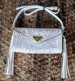 Clutch purse white/wash with shoulder strap.