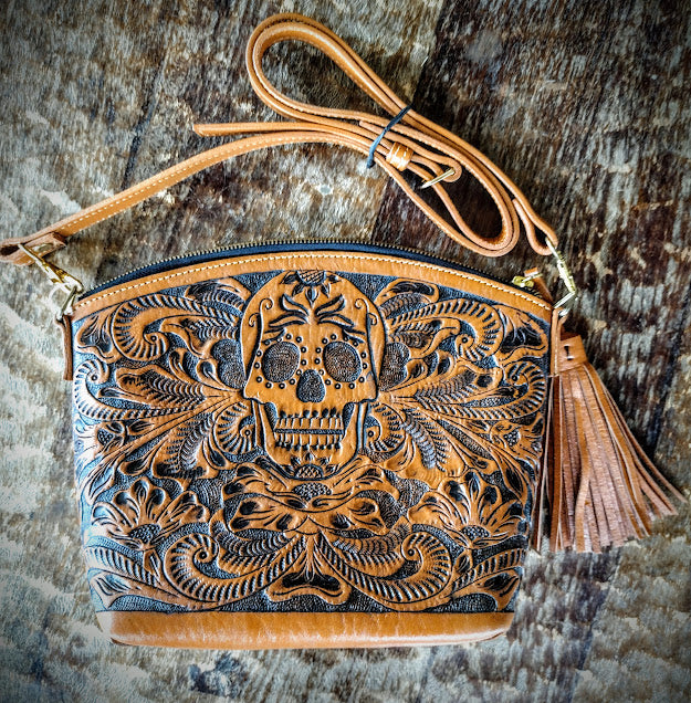 Sugar skull style Cross Body Purse Honney/black