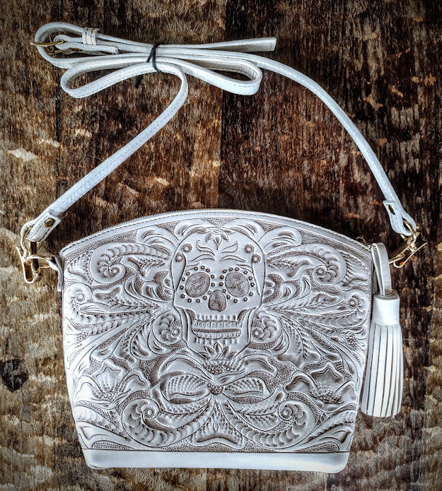 Sugar skull style Cross Body Purse wash/white.