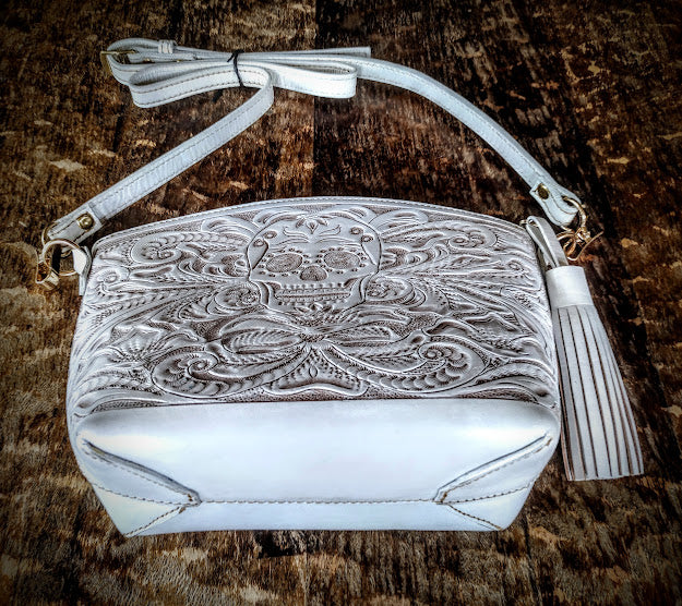Sugar skull style Cross Body Purse wash/white.