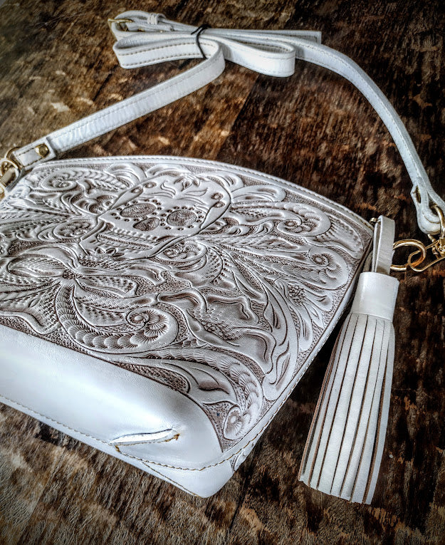 Sugar skull style Cross Body Purse wash/white.