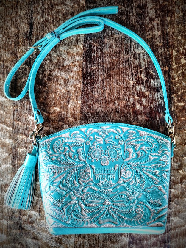 Sugar skull style Cross Body Purse wash/blue.