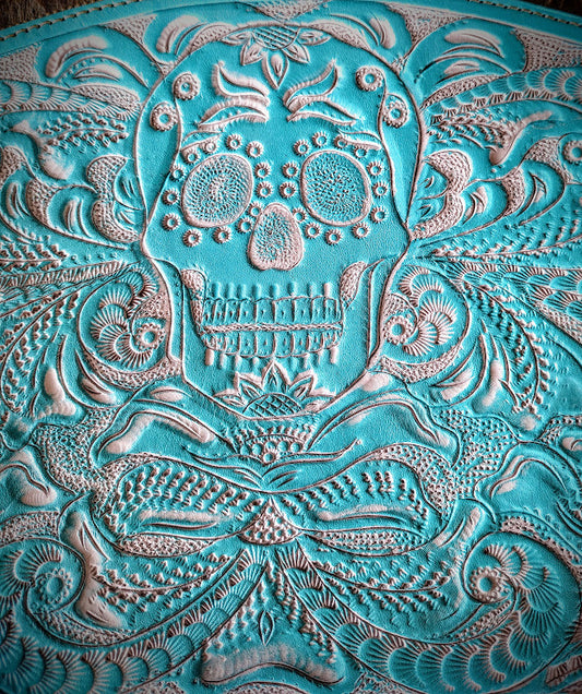 Sugar skull style Cross Body Purse wash/blue.