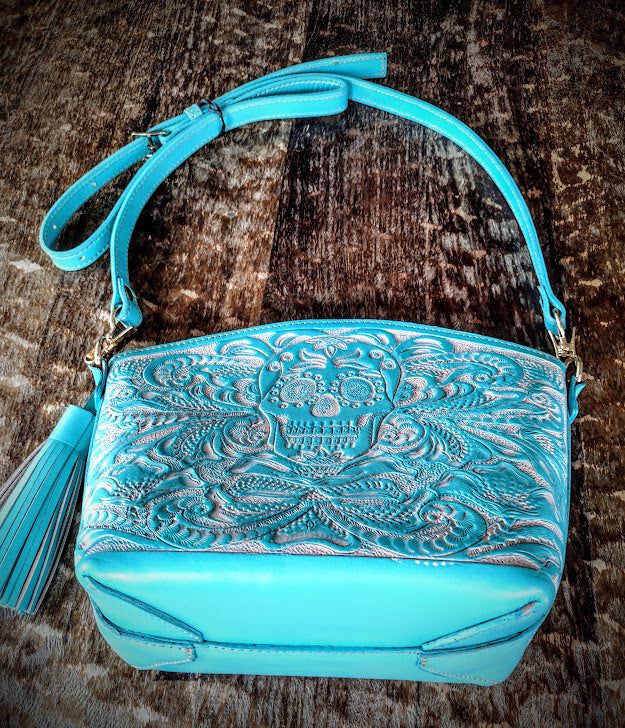 Sugar skull style Cross Body Purse wash/blue.