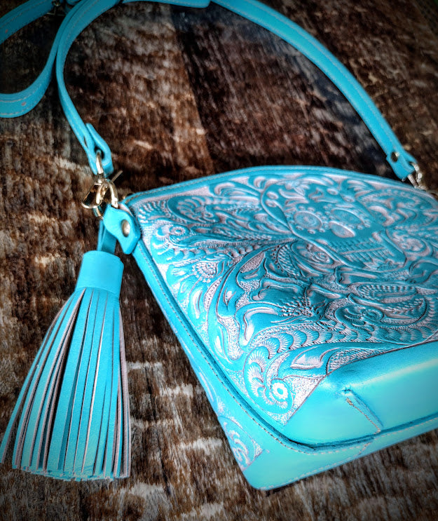 Sugar skull style Cross Body Purse wash/blue.