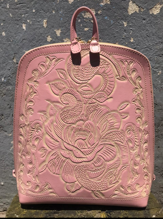 Backpack hand tooled leather floral snake pink