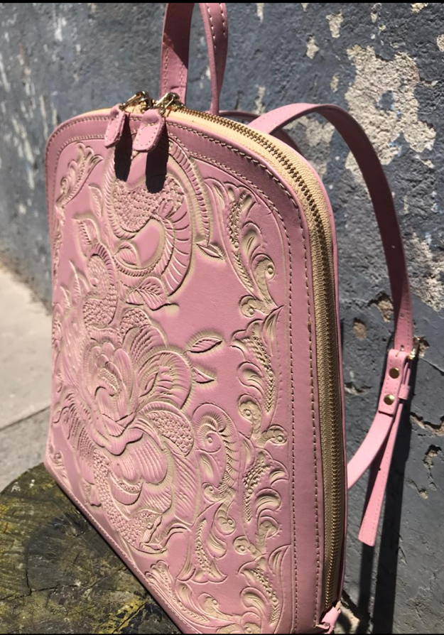 Backpack hand tooled leather floral snake pink