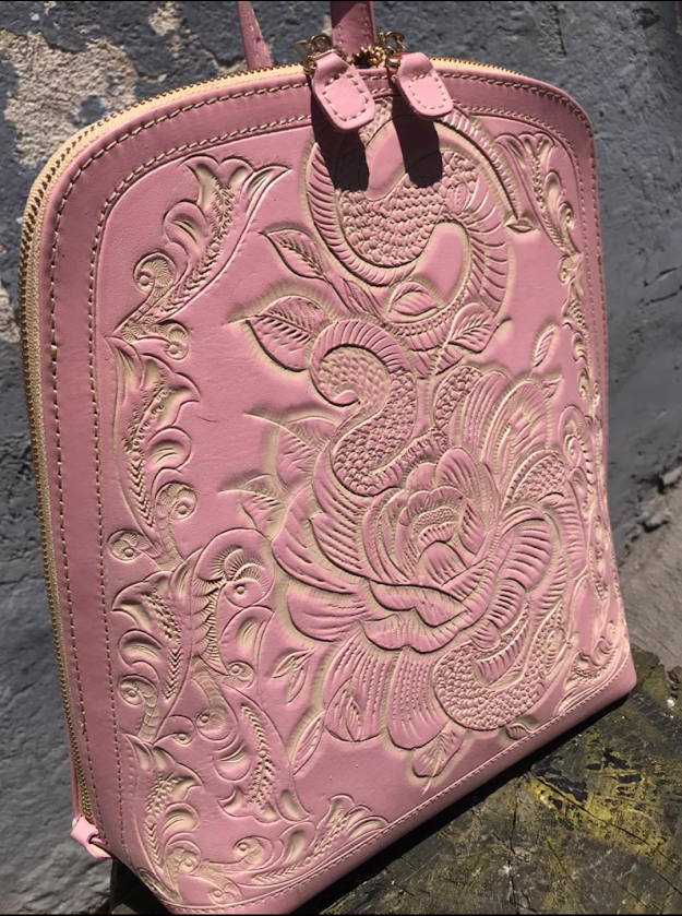 Backpack hand tooled leather floral snake pink