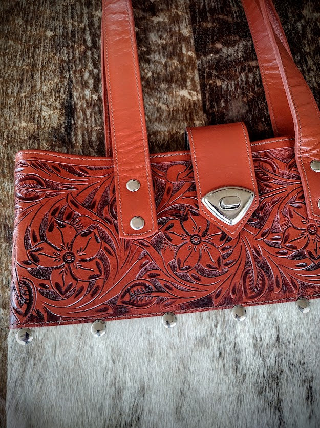 Cowhide and hand tolled leather shoulder bag, handbag