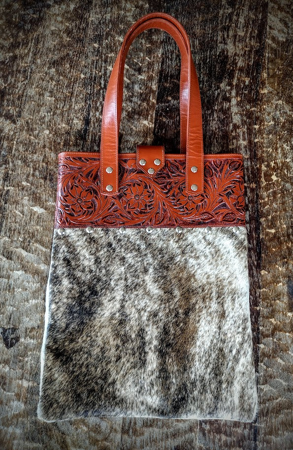 Cowhide and hand tolled leather shoulder bag, handbag