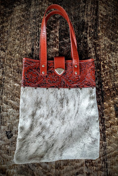 Cowhide and hand tolled leather shoulder bag, handbag