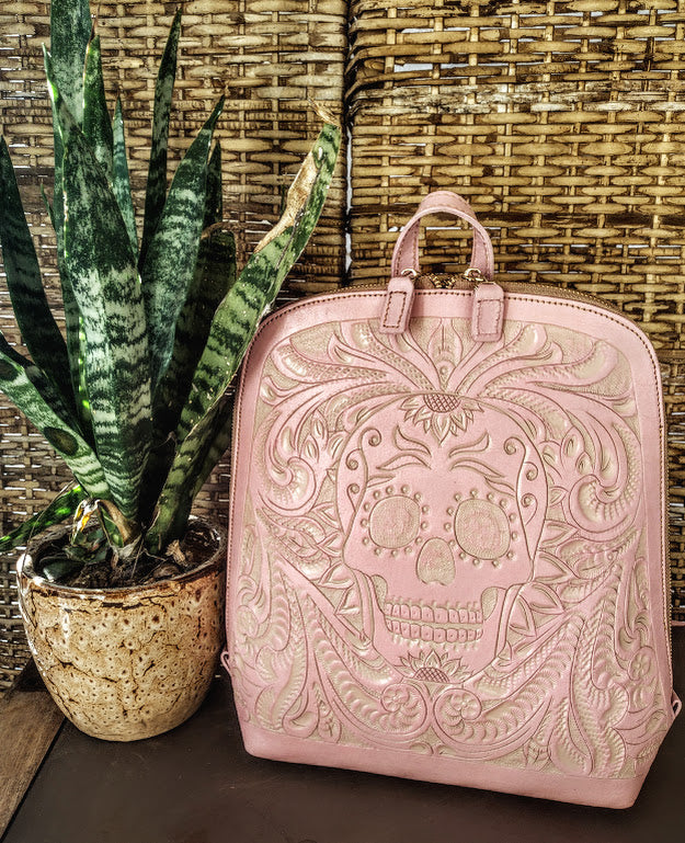 backpack hand tooled leather sugar skull pink